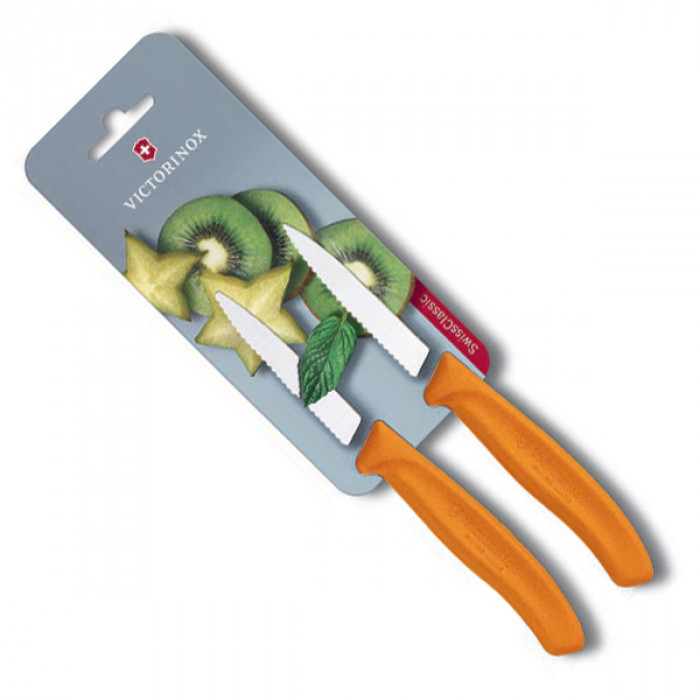Cuchillo Swiss Classic Mondador de 8 cm con punta centrada y filo dentado Blister Naranja Victorinox