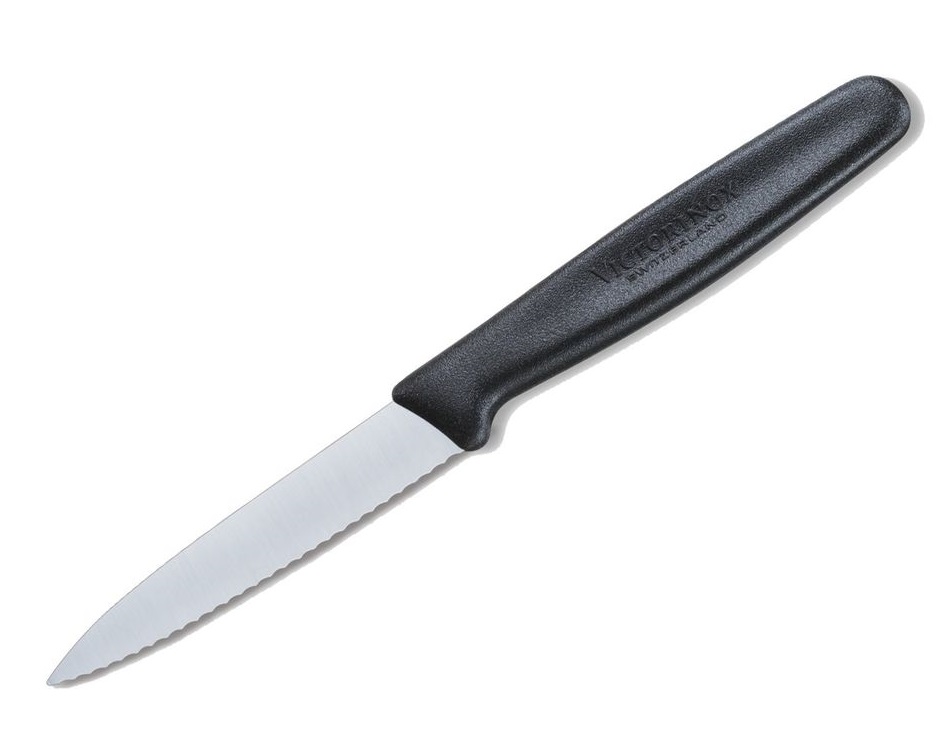 Cuchillo mondador de 8 cm con punta centrada y filo dentado Negro Victorinox